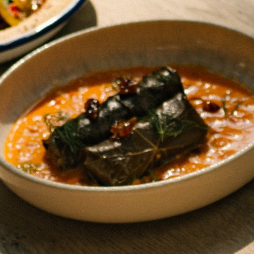 Spiced salmon grape leaf dolma, candied lemon