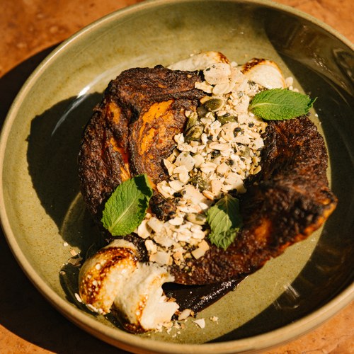 Spiced roasted hokkaido pumpkin, mint marshmallow, coffee sauce