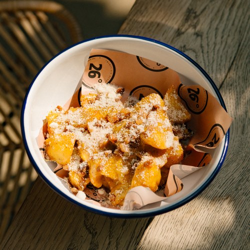Roasted new potato, carbonara sauce, Grana Padano, crispy guanciale