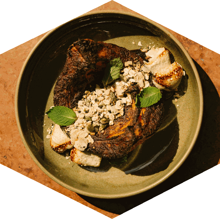 Spiced roasted hokkaido pumpkin, mint marshmallow, coffee sauce